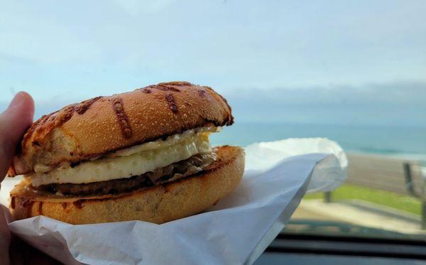 Bagel bfst sammie with egg,sausage, cheese, aoili. $9