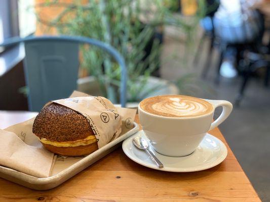 Breakfast sandwich and pumpkin pie latte