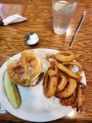 Burger and onion rings