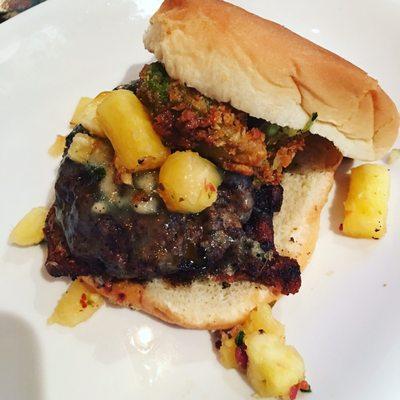 Louie's fried avocado burger with pineapple bacon relish