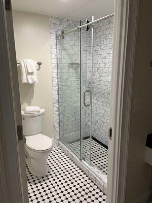 The water closet, with toilet and shower. The shower head was nice and wide.