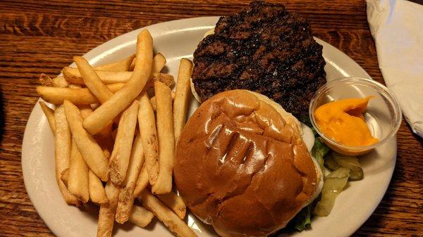 Cheddar burger with (non)seasoned fries.