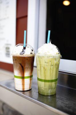 Iced mocha macchiato & Iced matcha latte - both with house made whipped cream!