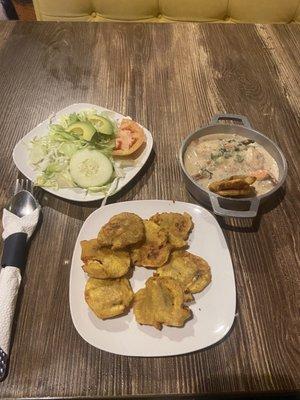 Shrimp in Coconut Sauce. Fried Tostones. House Salad