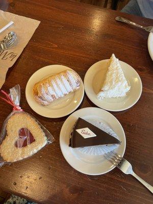 Sacher torte, cherry yogurt danish, coconut crème, valentine cookie