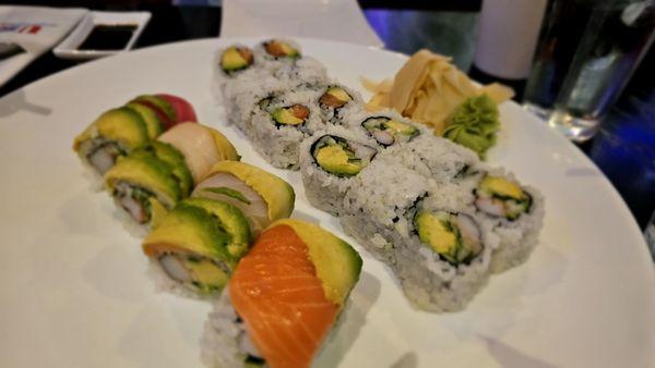 Rainbow, salmon avocado, and California rolls.