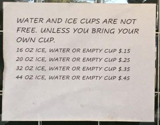 Bring your own cup and the water and ice cups are free is the message here, though I don't think that's what Fastrak intended.