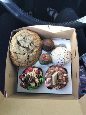 Hot chocolate cupcake, junk in the trunk, chocolate chip cookie, cake pops