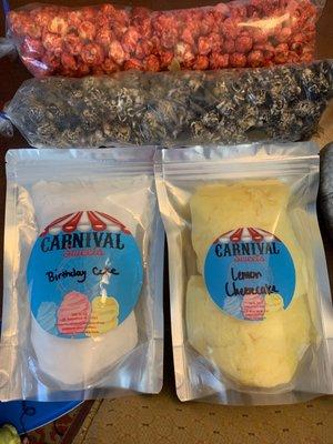 Oreo popcorn, strawberry shortcake popcorn, and cotton candy