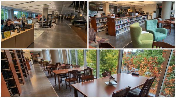 Find a service desk and a variety of seating in the reading room