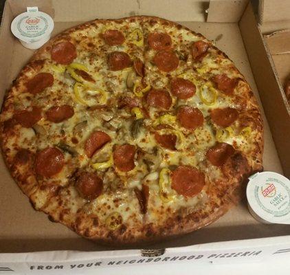 Pepperoni, sausage, mushroom & banana pepper pizza...Yum!