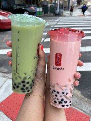 Matcha honeydew milk tea with pearls and crystal boba and watermelon green milk tea with pearls and coconut jelly