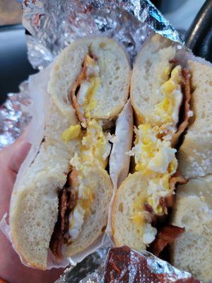 Bacon egg and cheese on salt bagel