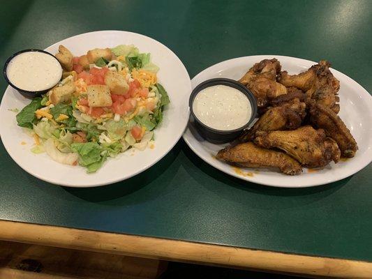 House salad and original "grilled" chicken wings! Tons of sauce options! These are fried and then grilled! Amazing!