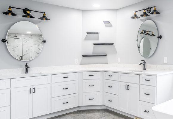 Master Bathroom Remodeled With White Flooring, Bathtub, Shower, Highland MD