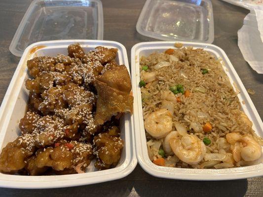 Sesame chicken and shrimp fried rice.