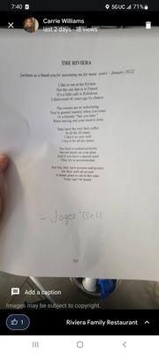 Joyce Bell, a customer for decades wrote this poem to sum up the Riviera up in a nut shell. Thanks Joyce! We Love you!