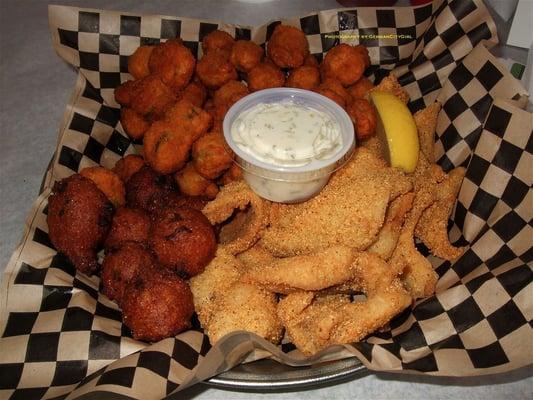 Catfish with hush puppies + fried okra.