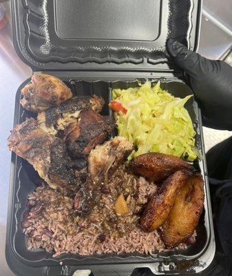 Highly requested combo "jerk chicken, rice and peas, ripe fried plantains and steamed cabbage".