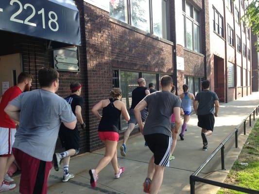 Group run around the block.