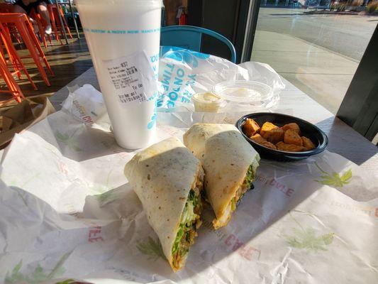 Caribbean Jerk wrap, Chai Banana  Boost Smoothie , sweet poatatoes for the side.