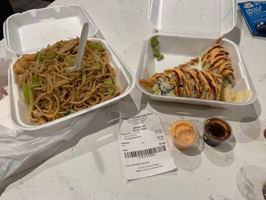 Shrimp chow mein and crunch roll