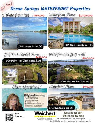 Check out these 5 Ocean Springs WATERFRONT Properties. Call for a showing today Weichert Rltrs Gulf Properties 228-400-4853 or C 228-355-885