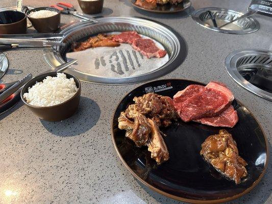 Meat, bulgogi? Steak and chicken