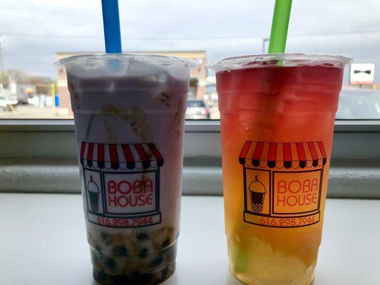 Left: Taro milk tea with tapioca boba Right: Passionfruit butterfly tea with mango jelly's and lychee popping bubbles