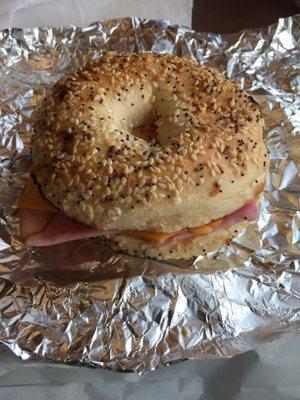 Ham and cheese on the everything bagel toasted