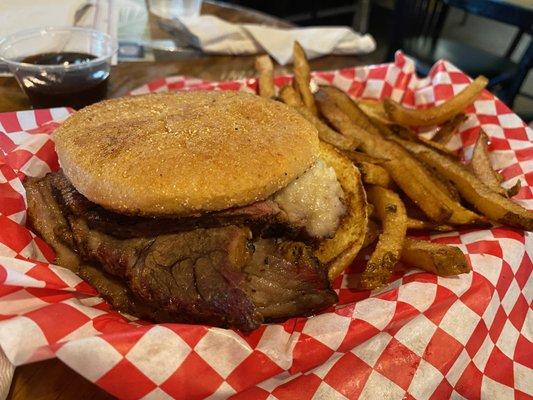 Brisket sandwich with the most disgusting fries