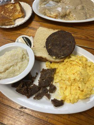 2 egg breakfast with sausage, grilled cheese, biscuits and gravy