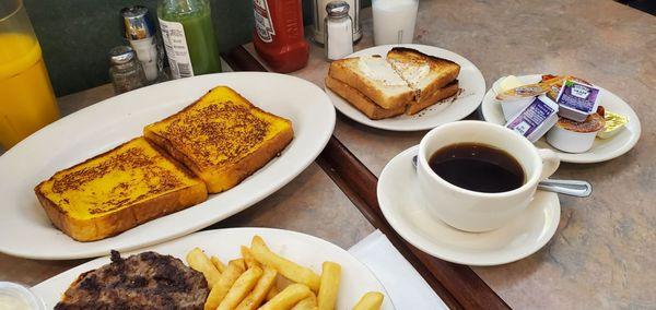 Challah French Toast, Coffee, and Bacon Cheeseburger Deluxe