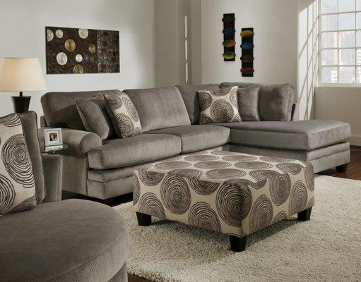 The 8642 Transitional Sectional Sofa with Chaise by Albany  * Exposed Wood Leg * Two Groovy Smoke Pillows and Two Big Swirl Accent Pillows