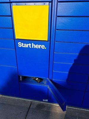 Locker pickup is outside Best Buy and accessible 24/7. Punch in your code under the yellow curtain, and a door magically opens!