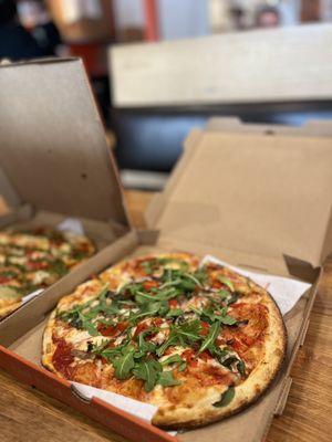 Build Your Own Pizza (mushroom, fire roasted red bell pepper, basil) with pesto drizzle