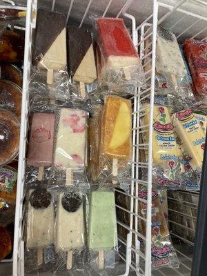 Many unique flavors of popsicles.