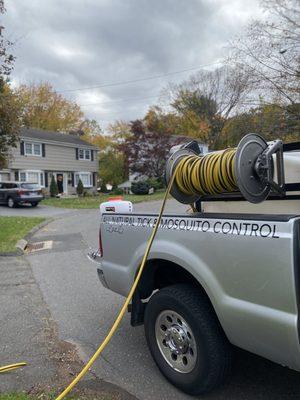 Our 300 foot hose on our trucks for all natural tick treatments