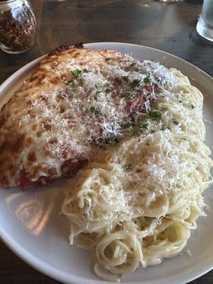 Chicken Parm - subbed spaghetti for angel hair with Alfredo. (If you don't order your chicken parm like this, you should give it a try!)