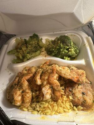 Shrimp with yellow rice and broccoli