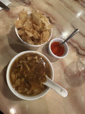 Hot and sour soup with complimentary snack