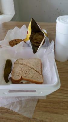 Chicken salad sandwich combo with a cookie,  pickle, bag of chips,  and a drink for $4.99