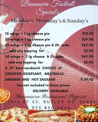 Now serving specials for NFL Football on Mondays, Thursdays & Sundays! 
973-850-6646