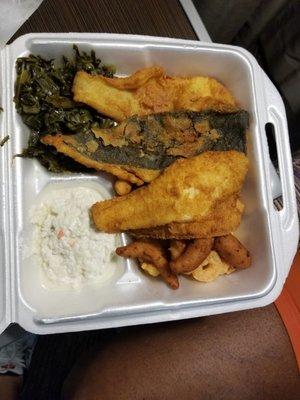 Fried flounder and shrimp with Cole slaw and collard greens