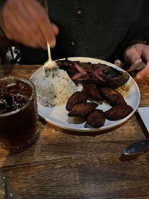 Churrasco w/ rice, beans, maduros & Jack & Coke drink