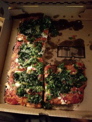 Merzbacher's pizza with kale (1st weekend). Just the right amount of kick from the marinated kale in spicy oil. Yum!