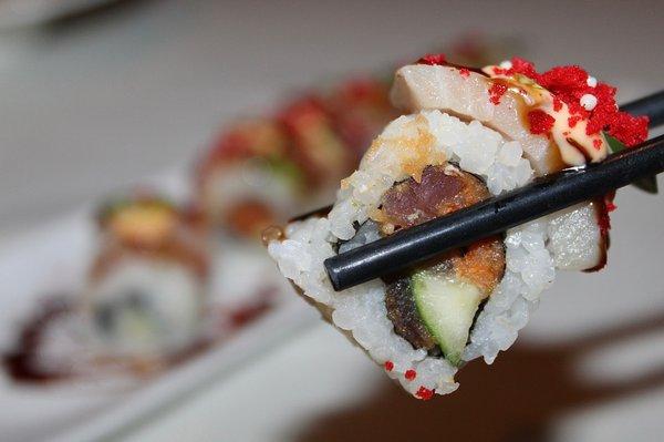 The Hamachi Crunch Roll was made with spicy tuna & crispy tempura flakes.