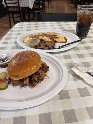 Brisket quesadilla and pulled pork sandwich