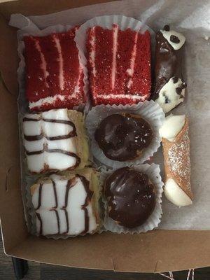 Mini Red Velvet, mini Napoleons, chocolate covered and original cannolis