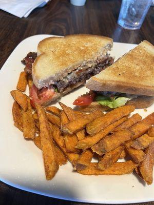 Frisco burger with sweet potatoe fries